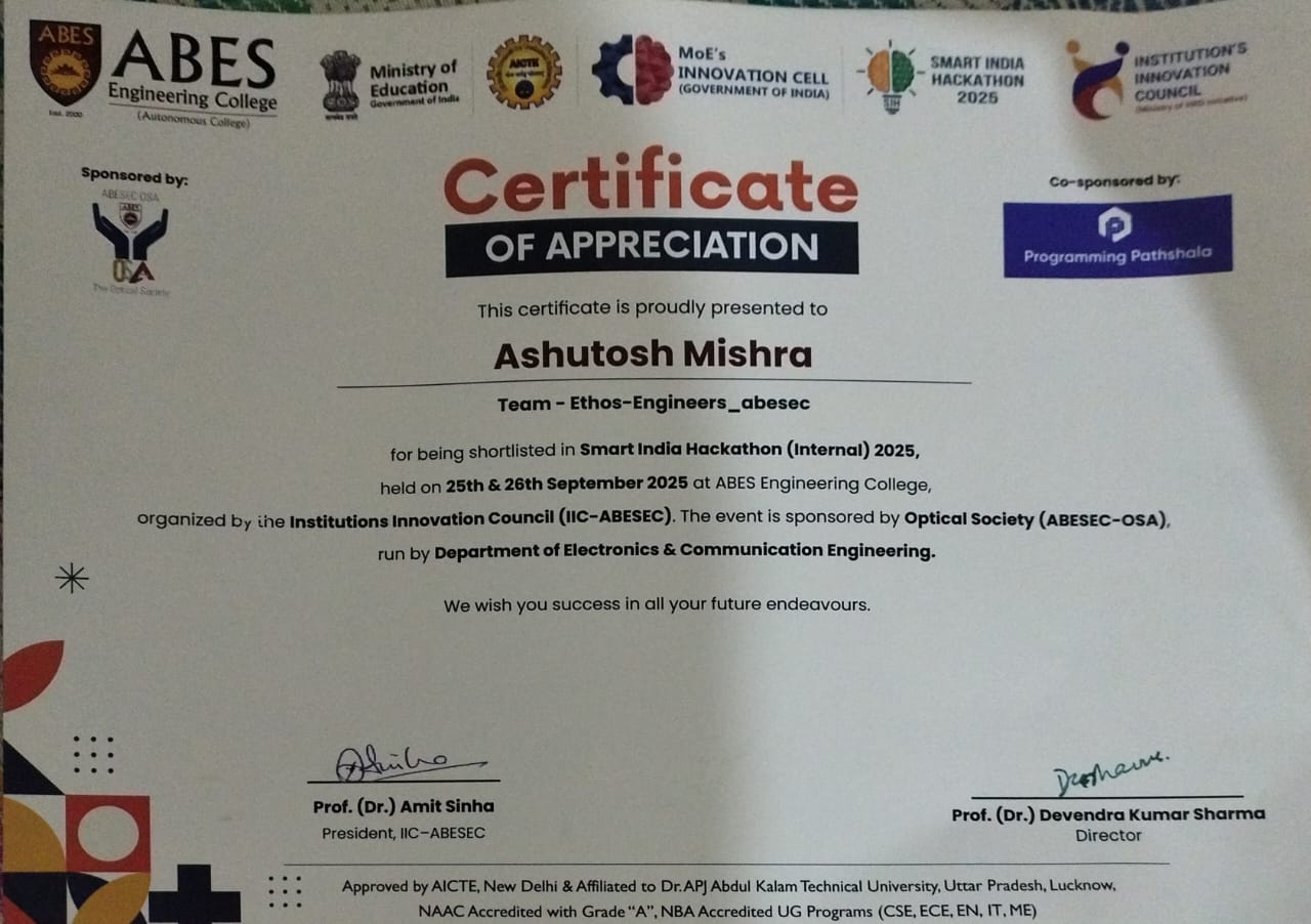 Smart India Hackathon Certificate